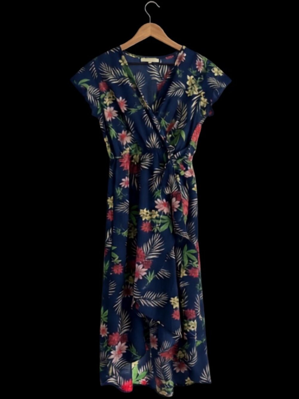 Dream of Me Blue Tropical Floral Faux Wrap High-Low Maxi Dress Size Medium